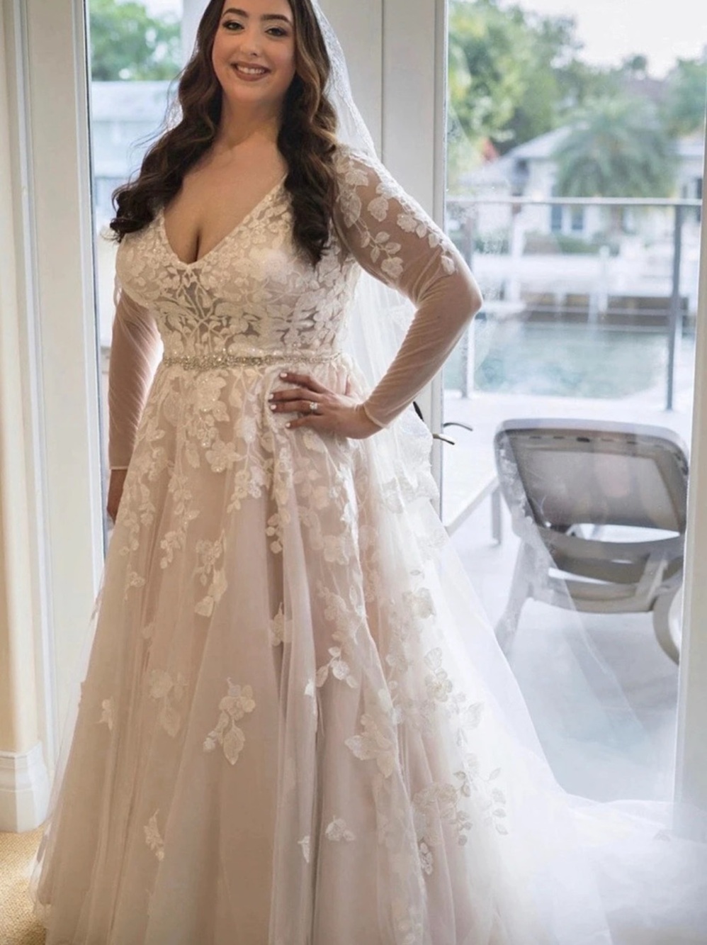 Davids Bridal Illusion Sleeve Ball Gown Wedding Dress Floral Ball Gown Wedding
